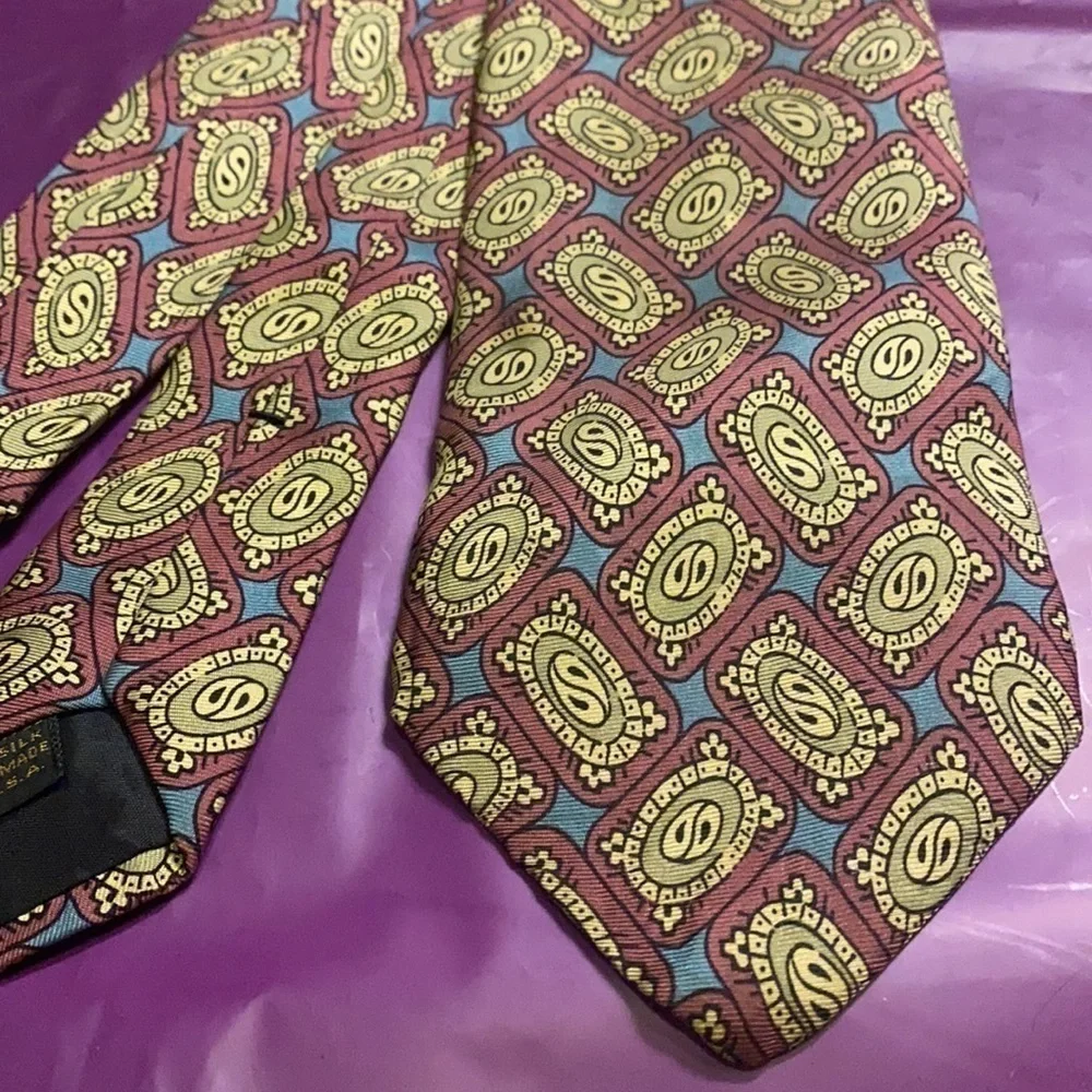 Jl Roberts Silk Tie Burgundy Yellow Blue Office Business Professional
